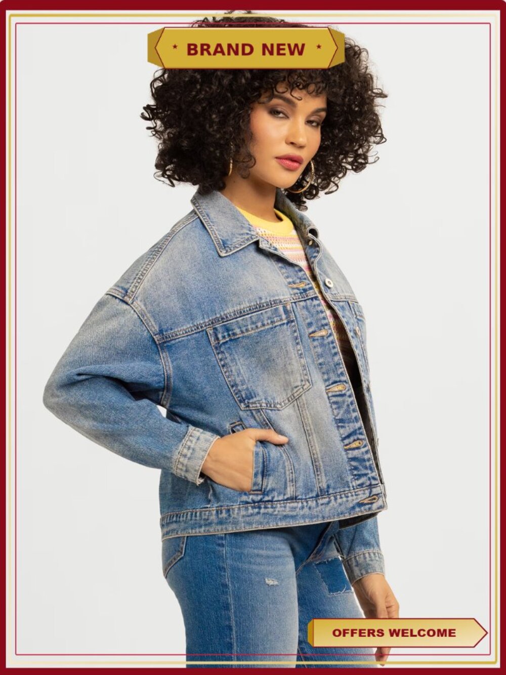Swing Denim Jacket Button Front Pleated Back Layer - Picture 2 of 7